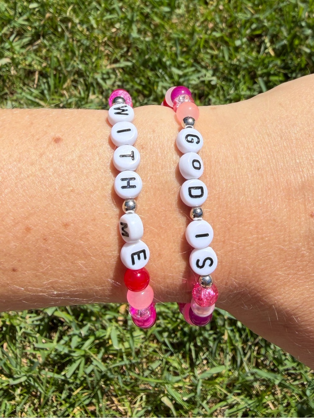 {Handmade} Pink Beaded “God is With Me” Bracelet Set